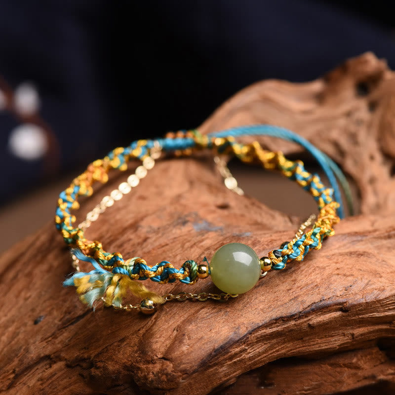 Buddha Stones Handmade Colorful Rope Luck Jade Bead Abundance Double Layer Bracelet - image 2