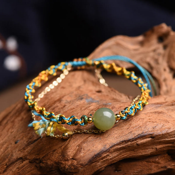 Buddha Stones Handmade Colorful Rope Luck Jade Bead Abundance Double Layer Bracelet - image 2