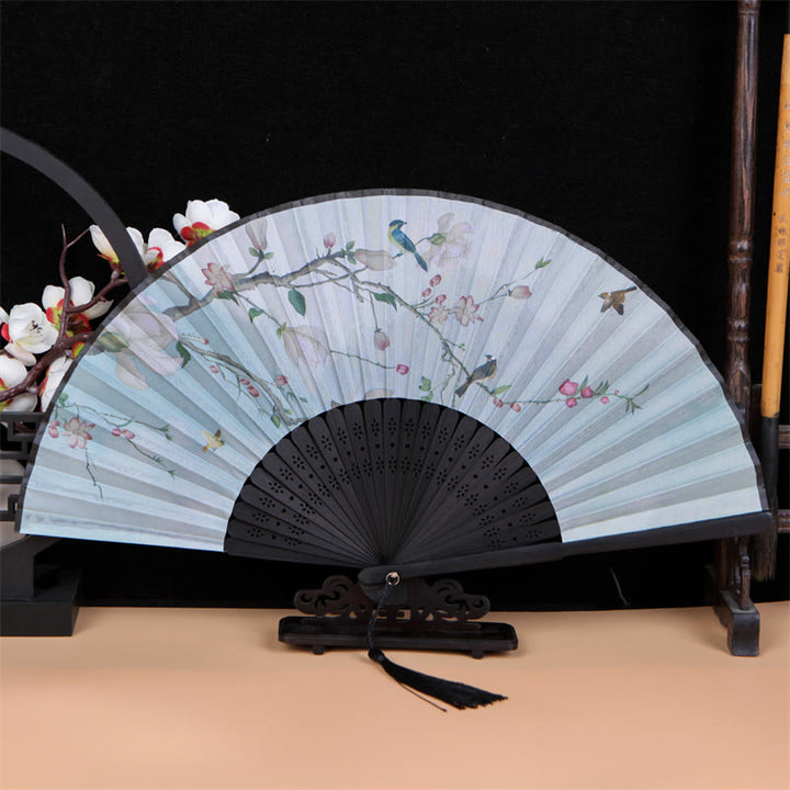 Buddha Stones Classic Birds Singing Flowers Handheld Bamboo Folding Fan - Magnolia Flower and Birds - image 9