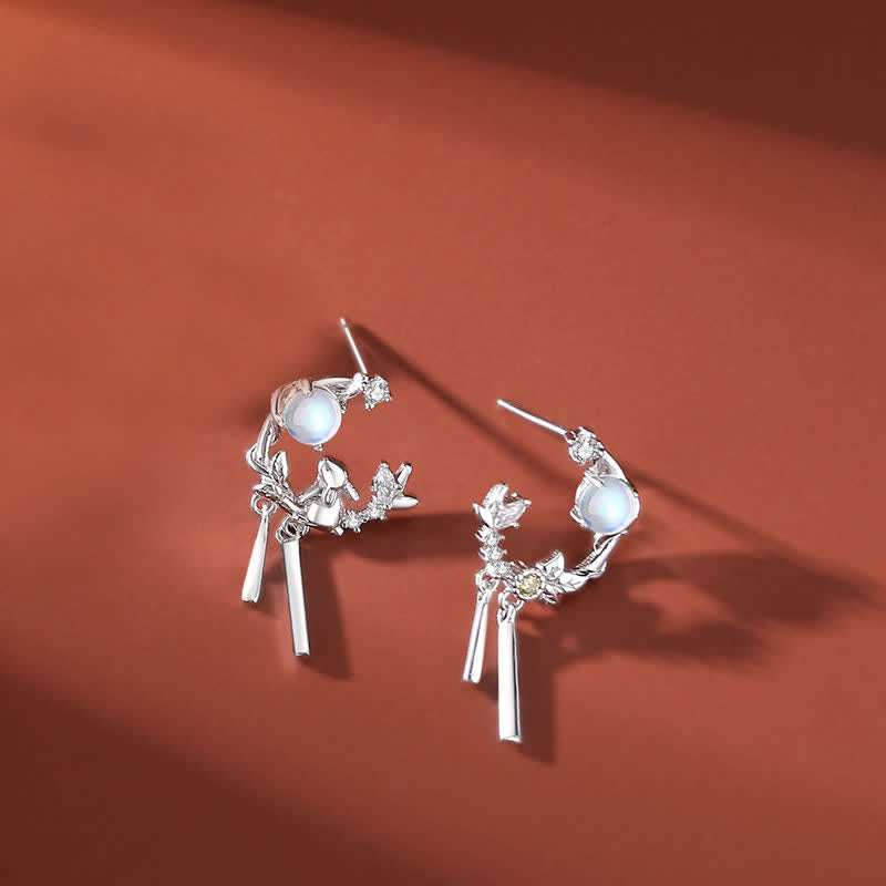 925 Sterling Silver Year of the Rabbit Moonstone Moon Flower Pattern Necklace Pendant Bracelet Earrings - Earrings - Silver - image 8