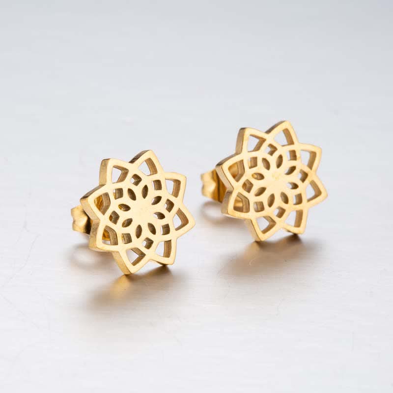 Tibetan Lotus Pattern New Beginning Stud Earrings - Gold - image 3