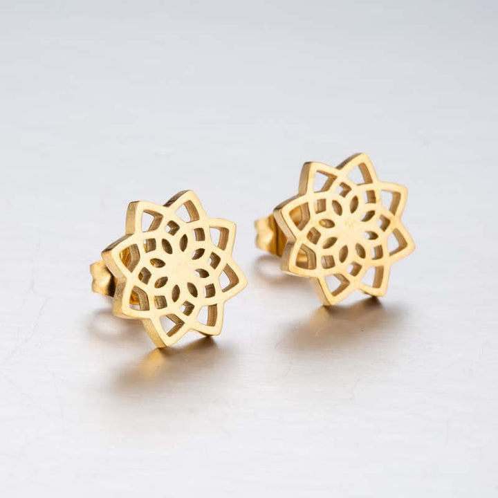 Tibetan Lotus Pattern New Beginning Stud Earrings - Gold - image 3
