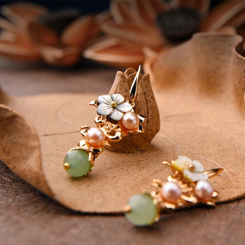 Buddha Stones 14K Gold Plated Tridacna Stone Flower Pearl Green Aventurine Bead Drop Earrings - image 3