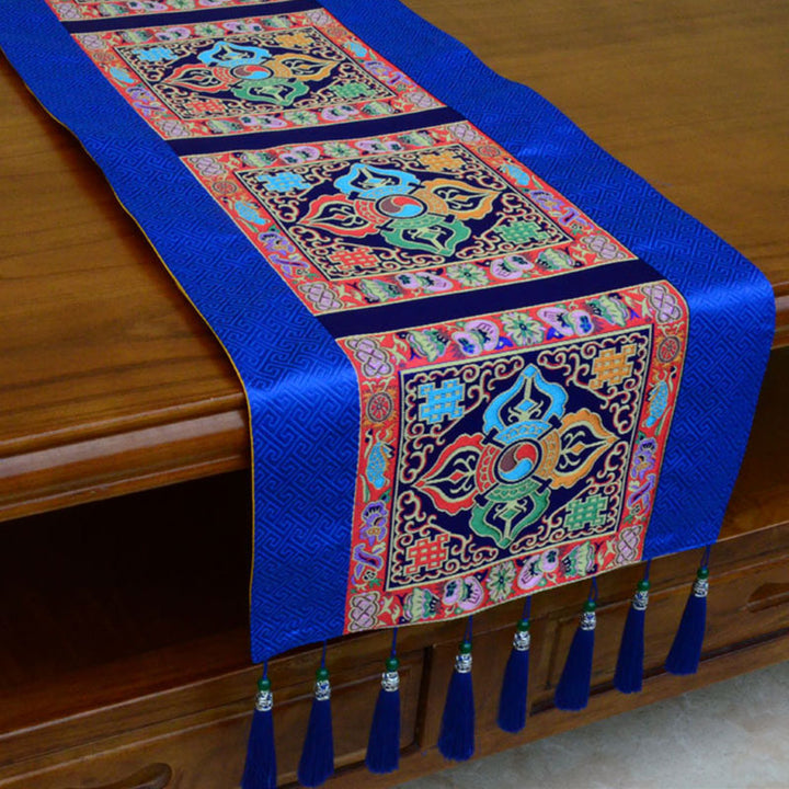 Buddha Stones Prayer Altar Mat Man-Bcu Kalachakra Endless Knot Vajra Tibetan Auspicious Symbols Tassels Table Runner - Vajra - Blue - 190*33cm - image 15