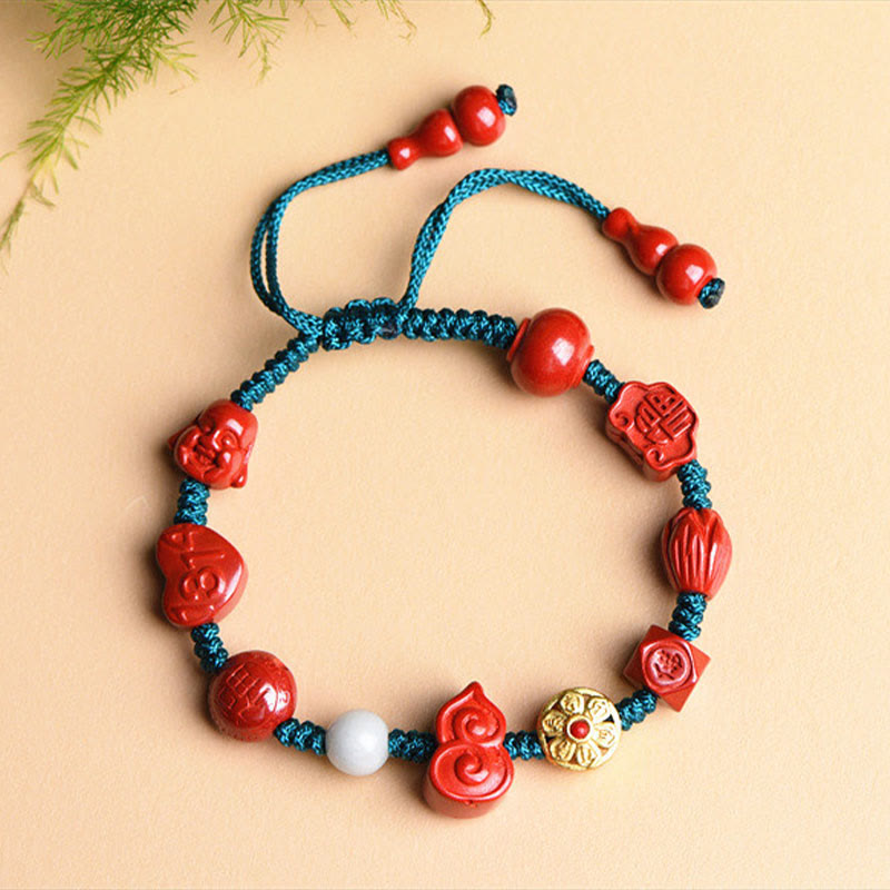 Buddha Stones Natural Cinnabar Gourd Om Mani Padme Hum Laughing Buddha Blessing String Bracelet - image 1