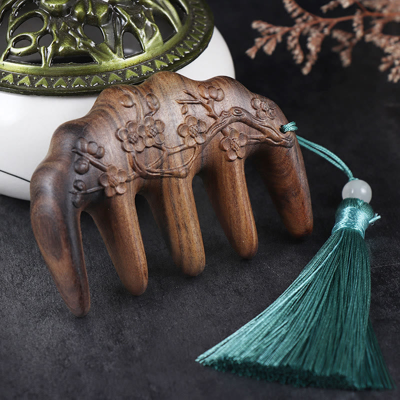 Green Sandalwood Plum Blossom Flowers Lotus Koi Fish Engraved Soothing Tassel Comb - Chacate Preto Wood Plum Blossom - image 0