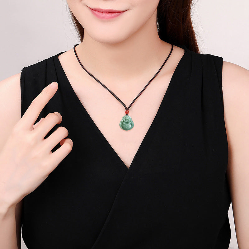 Buddha Stones Laughing Buddha Cyan Jade Success Necklace String Pendant - image 4