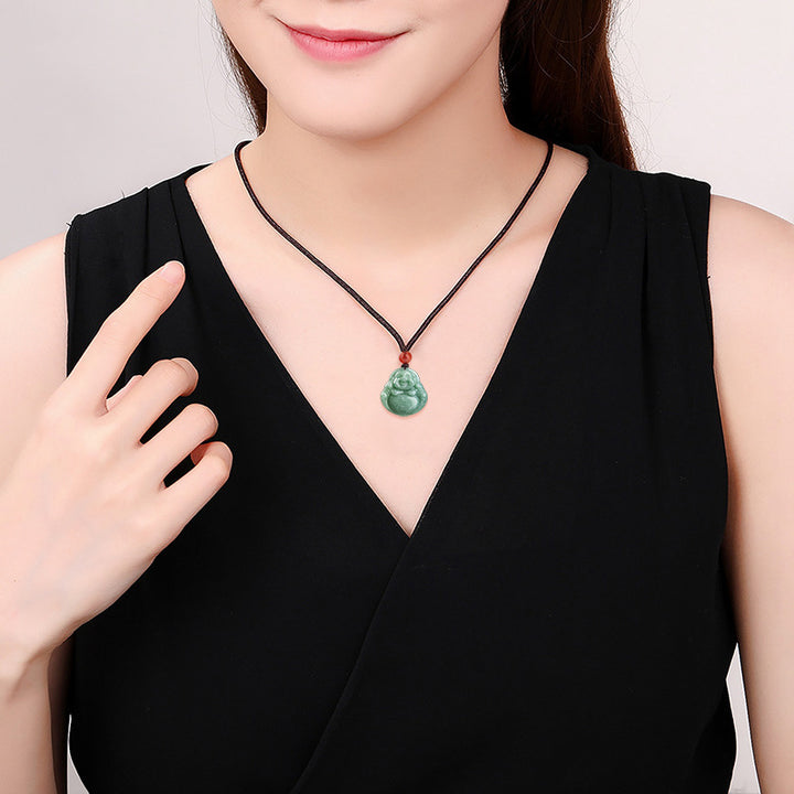 Buddha Stones Laughing Buddha Cyan Jade Success Necklace String Pendant - image 4