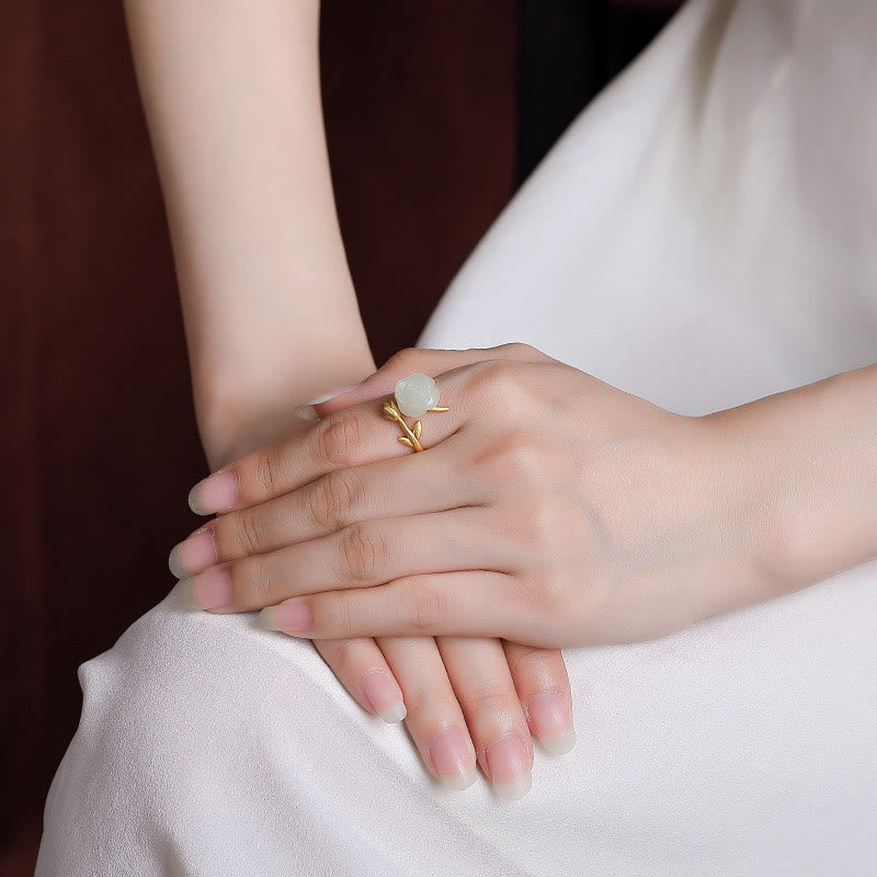 Buddha Stones 925 Sterling Silver Plated Gold Rose Flower Hetian White Jade Happiness Ring - image 6