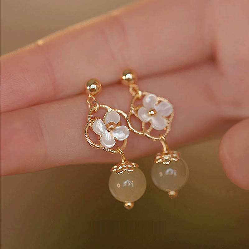Buddha Stones Tridacna Stone Flower Jade Bead Blessing Drop Earrings - image 7
