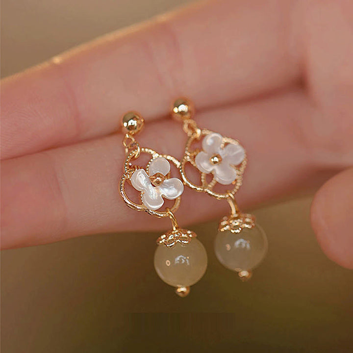 Buddha Stones Tridacna Stone Flower Jade Bead Blessing Drop Earrings - image 7