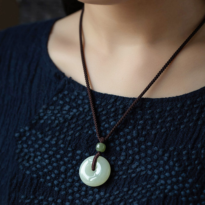Buddha Stones Natural Round Jade Peace Buckle Luck Prosperity Necklace Pendant - image 5