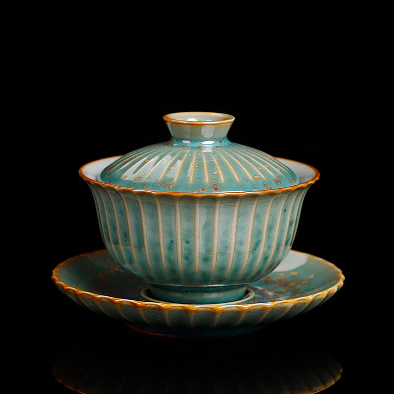 Buddha Stones Retro Glaze Kiln Change Ceramic Gaiwan Sancai Teacup Kung Fu Tea Cup And Saucer With Lid - Green - 11.5cm*8.5cm*140ml - image 8
