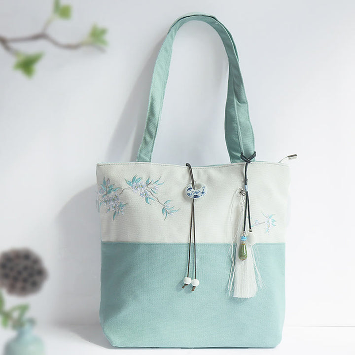 Buddha Stones Pear Flower Plum Peach Blossom Bamboo Embroidery Canvas Large Capacity Shoulder Bag Tote Bag - Green White Pear Flower - image 0