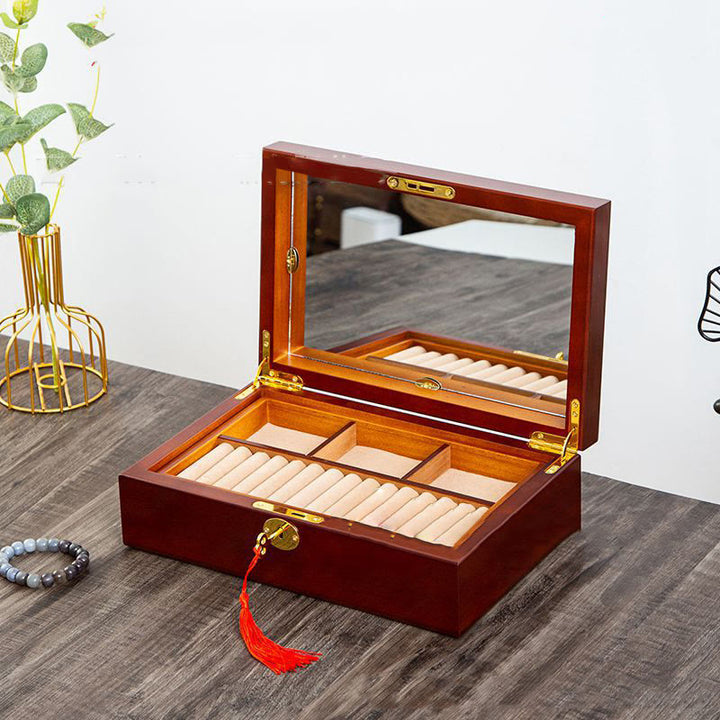Buddha Stones Vintage Wooden Jewelry Box Two-Layer Solid Wood Jewelry Storage Box - Walnut Color-Mirror Style 29*19*9cm - image 24