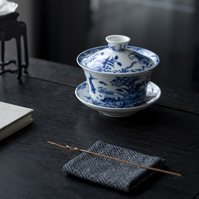 Buddha Stones Blue And White Porcelain Lotus Koi Fish Lion Dance Watermelon Ceramic Gaiwan Sancai Teacup Kung Fu Tea Cup And Saucer With Lid 300ml - image 8