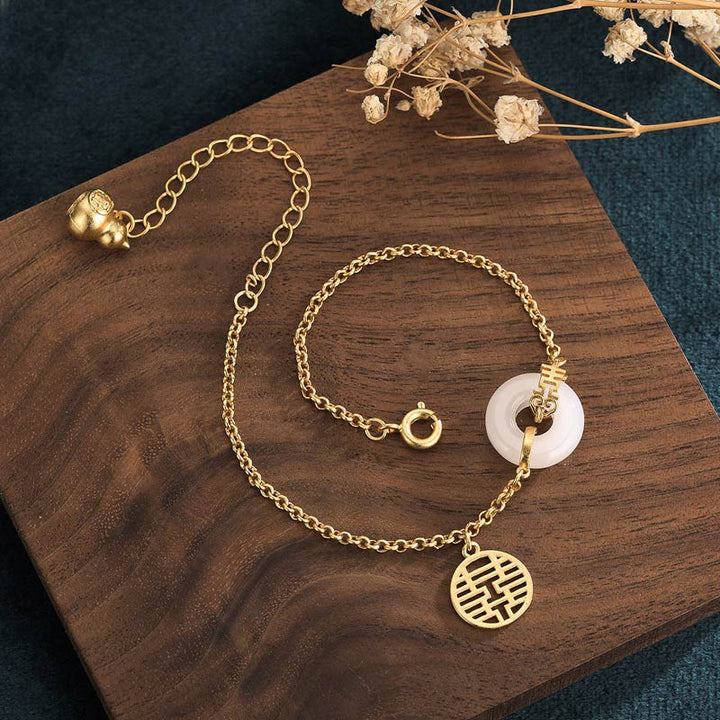 Buddha Stones White Jade Double Happiness Fortune Bracelet - image 2