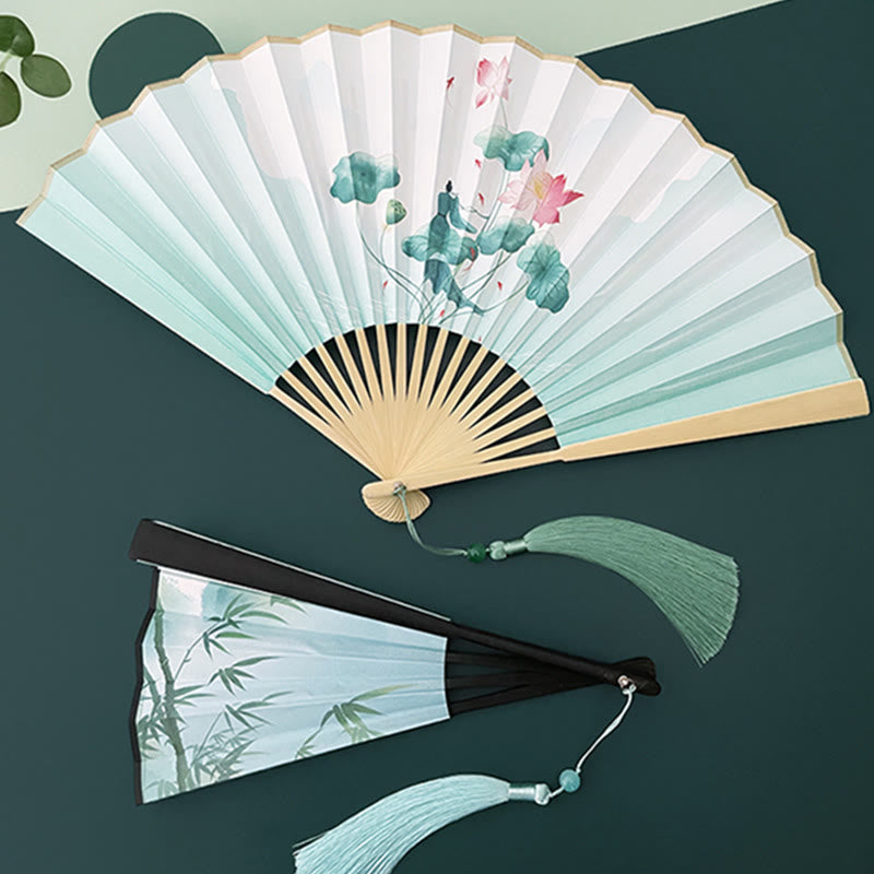 Buddha Stones Retro Lotus Flower Leaf Mountain Lake Handheld Folding Fan With Bamboo Frames - image 0