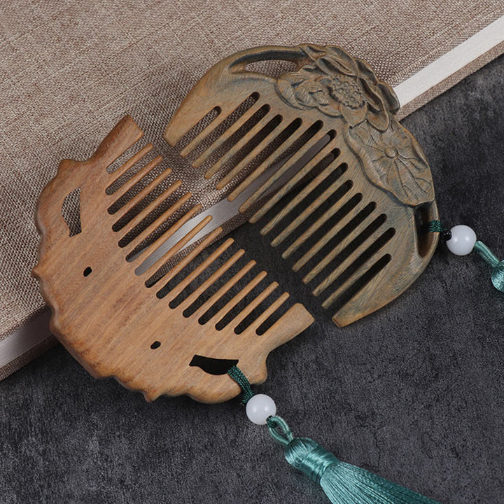 Green Sandalwood Fox Peony Flower Lotus Engraved Cure Tassel Comb - image 11