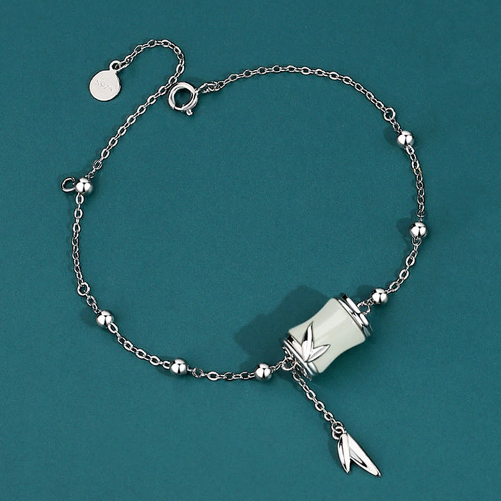 Buddha Stones 925 Sterling Silver 22K Gold Hetian White Jade Bamboo Leaf Luck Necklace Pendant Bracelet - 925 Sterling Silver - Bracelet - image 9