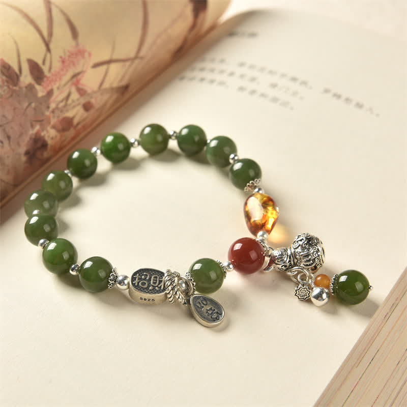 Buddha Stones 925 Sterling Silver Hetian Cyan Jade Gourd Amber Success Bracelet - image 1
