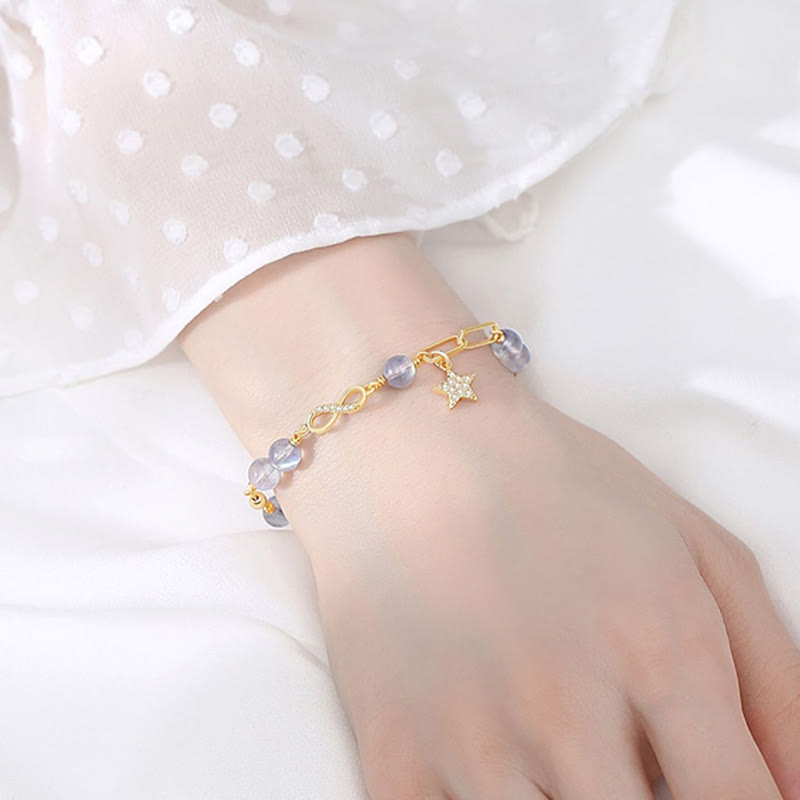 Buddha Stones 14K Gold Plated Natural Strawberry Quartz Moonstone Möbius Loop Eternal Love Star Positive Bracelet - image 10