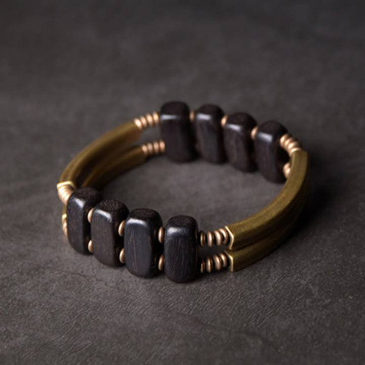 Buddha Stones Tibetan Ebony Wood Brass Copper Balance Double Layer Bracelet - image 8