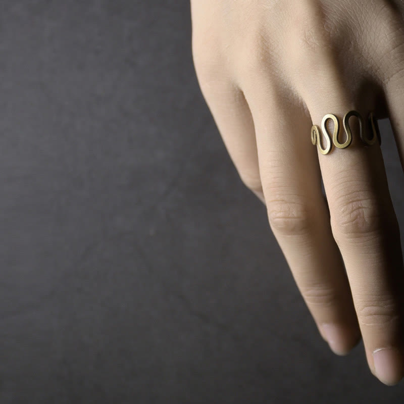 Buddha Stones Simple Curved Brass Design Copper Luck Wealth Adjustable Ring - image 6