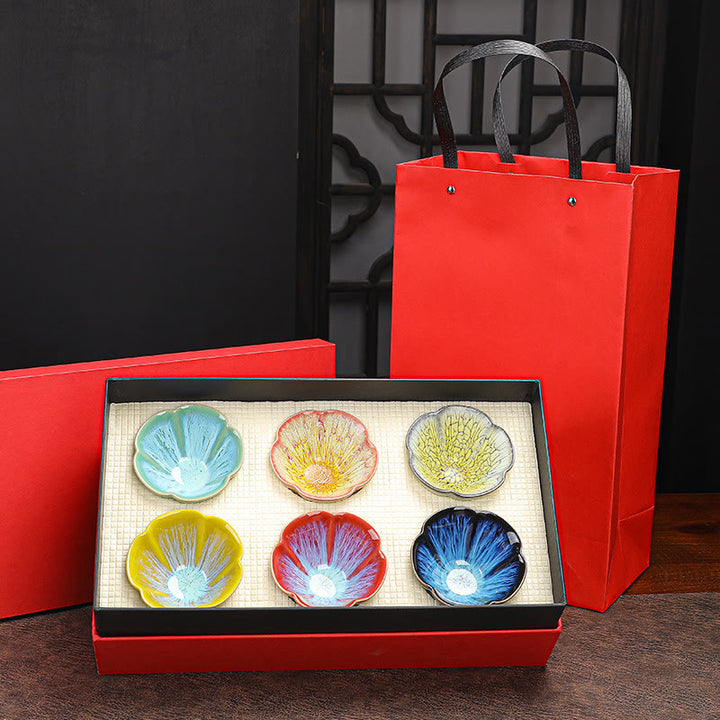 Buddha Stones 6Pcs Plum Blossom Petal Pattern Chinese Jianzhan Kiln Change Ceramic Teacup Kung Fu Tea Cup Bowl With Gift Box - 6pcs Petal Cup 9cm*5.4cm*80ml(With Red Gift Box) - image 8