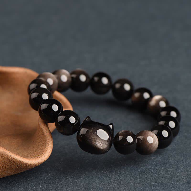 Buddha Stones Gold Sheen Obsidian Silver Sheen Obsidian Lovely Paw Lucky Cat Protection Bracelet - Silver Sheen Obsidian - Cat Head - 10mm - image 24