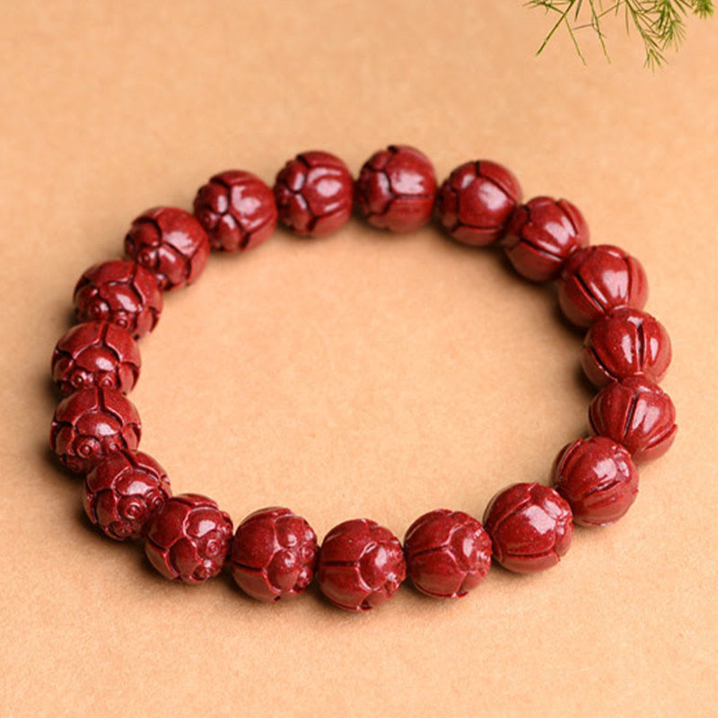 Buddha Stones Natural Cinnabar Om Mani Padme Hum Fret Pattern Lotus Blessing Bracelet - image 7