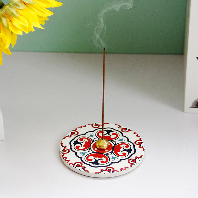 Buddha Stones Colorful Pattern Ceramic Blessing Stick Incense Burner - White Red - image 22