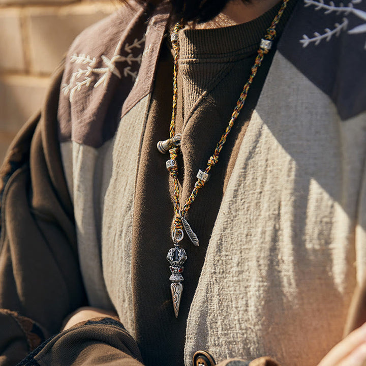 Buddha Stones Tibetan Handmade 925 Sterling Silver Dorje Vajra Om Mani Padme Hum Feather Strength Necklace Pendant - image 10