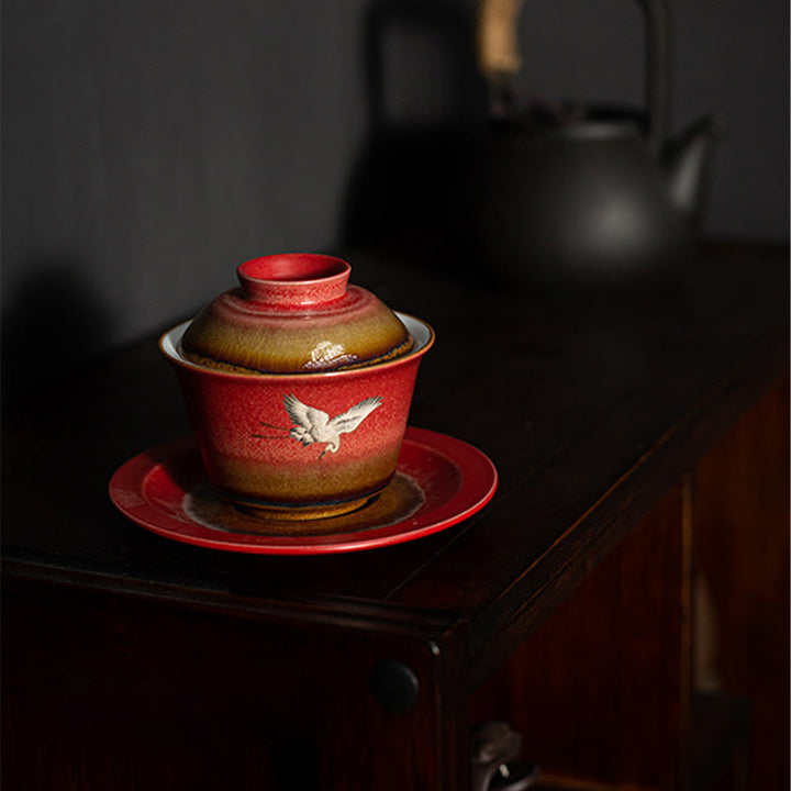 Buddha Stones Red Auspicious Crane Ceramic Gaiwan Sancai Teacup Kung Fu Tea Cup And Saucer With Lid - image 5