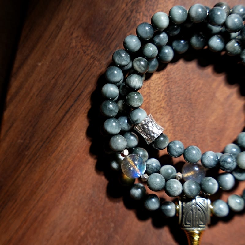 Buddha Stones 925 Sterling Silver 108 Mala Beads Eagle's Eye Stone Moonstone Positive Bracelet - image 5