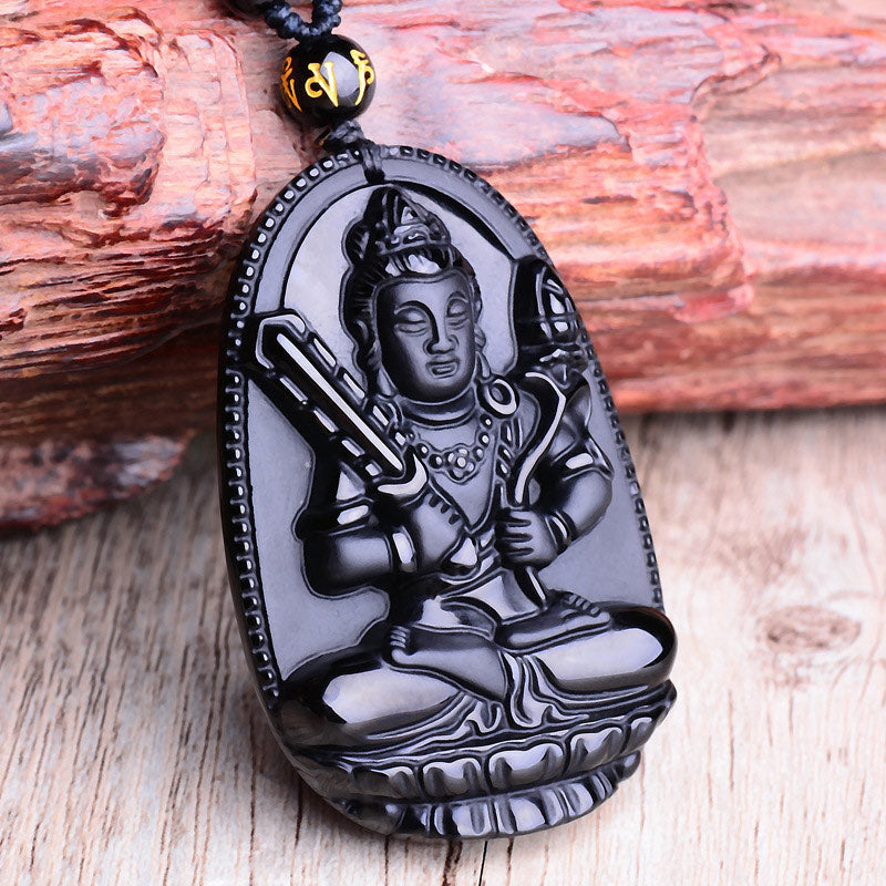 Buddha Stones Chinese Zodiac Obsidian Buddha Amulet Protection Pendant Necklace - image 1