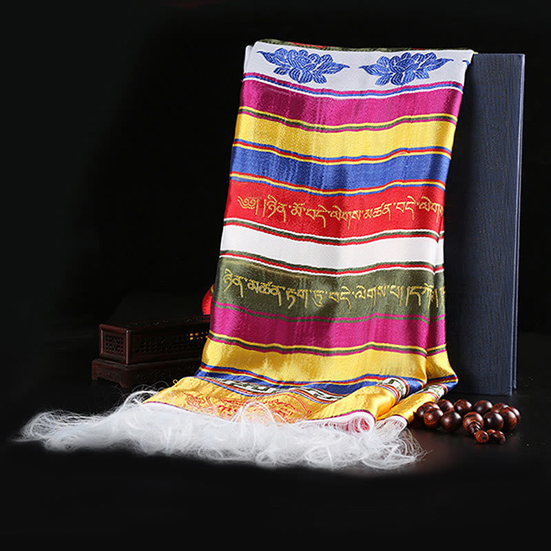 Tibetan Lucky Blessing Multicolored Lotus Mantra Jacquard Khata Decoration - image 5