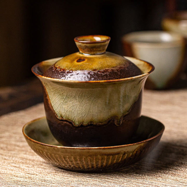 Buddha Stones Vintage Brown Kiln Change Design Porcelain Ceramic Gaiwan Sancai Teacup Kung Fu Tea Cup And Saucer With Lid - image 6