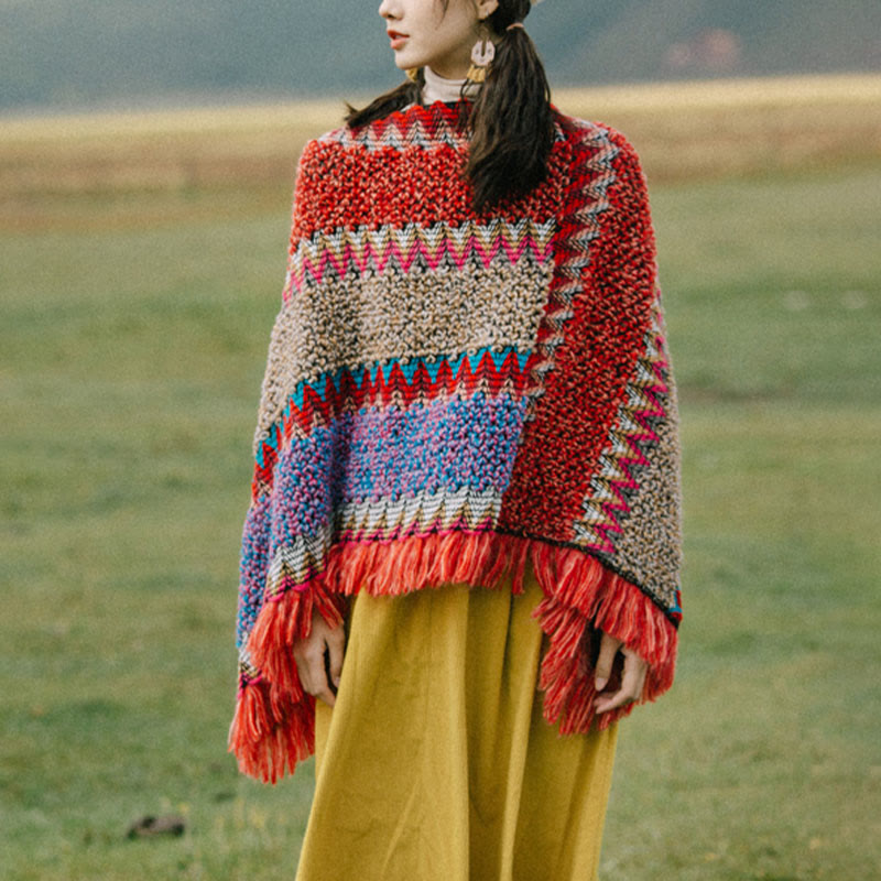 Buddha Stones Tibetan Shawl Knitting Warm Cloak Tibetan Tassel Scarf - Red Pullover - image 13