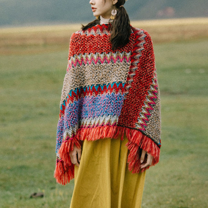 Buddha Stones Tibetan Shawl Knitting Warm Cloak Tibetan Tassel Scarf - Red Pullover - image 13