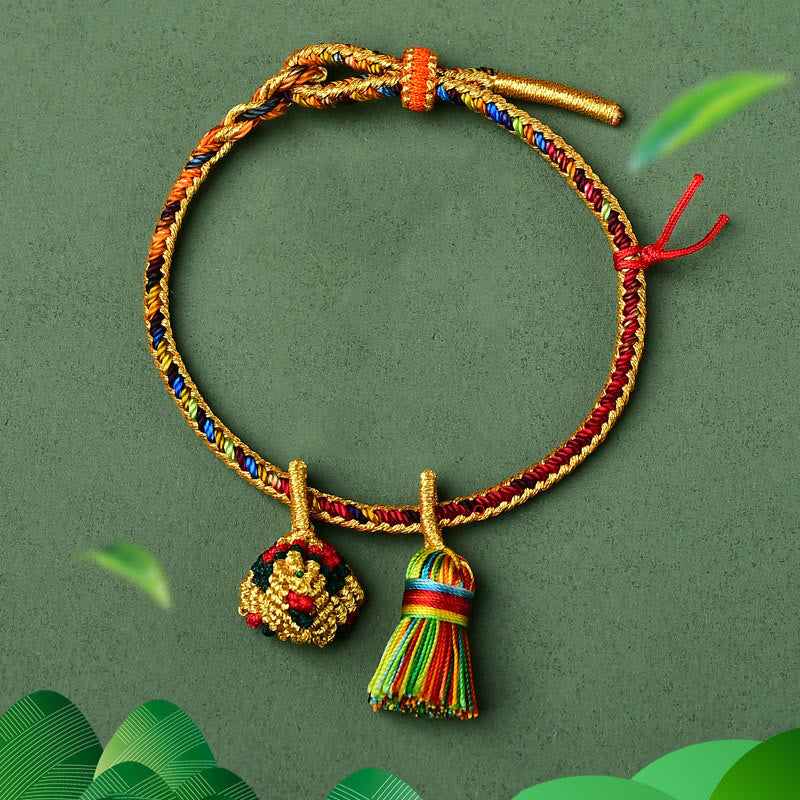 Buddha Stones Colorful Rope Luck Handmade Zongzi Golden Ball Charm Bracelet - Colorful Golden Zongzi Broom&Red String - Adult(Wrist Circumference 16-19cm) - image 0