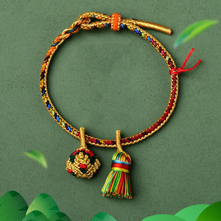 Buddha Stones Colorful Rope Luck Handmade Zongzi Golden Ball Charm Bracelet - Colorful Golden Zongzi Broom&Red String - Adult(Wrist Circumference 16-19cm) - image 0