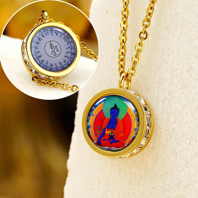 Buddha Stones Tibetan Yellow God Of Wealth Green Tara Buddha Serenity Titanium Steel Necklace Pendant - Front Medicine Buddha Back Mantra - image 18