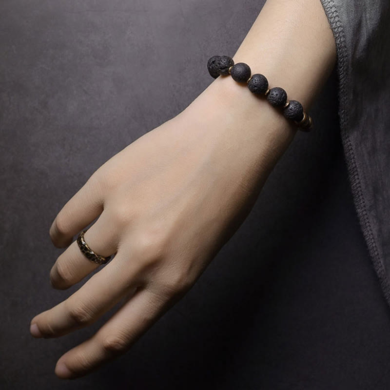 Buddha Stones Lava Rock Stone Rainbow Obsidian Brass Support Healing Bracelet - image 7
