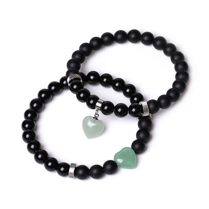Buddha Stones 2Pcs Black Onyx Crystal Stone Love Heart Protection Support Couple Bracelet - Black Onyx&Green Aventurine - image 11