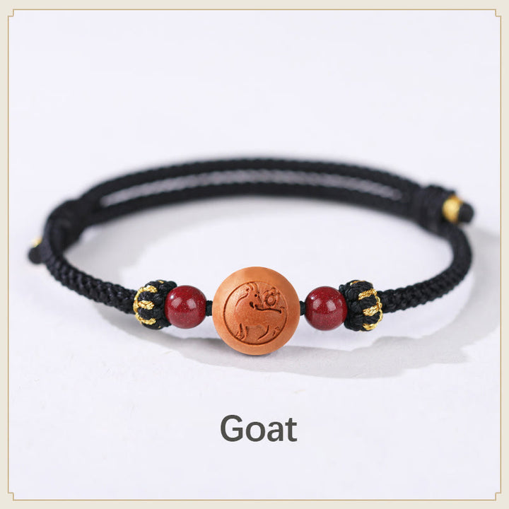 Buddha Stones Natural Peach Wood Chinese Zodiac Fu Character Carved Cinnabar Wealth Bracelet - Goat-Black(Wrist Circumference 14-22cm) - image 22