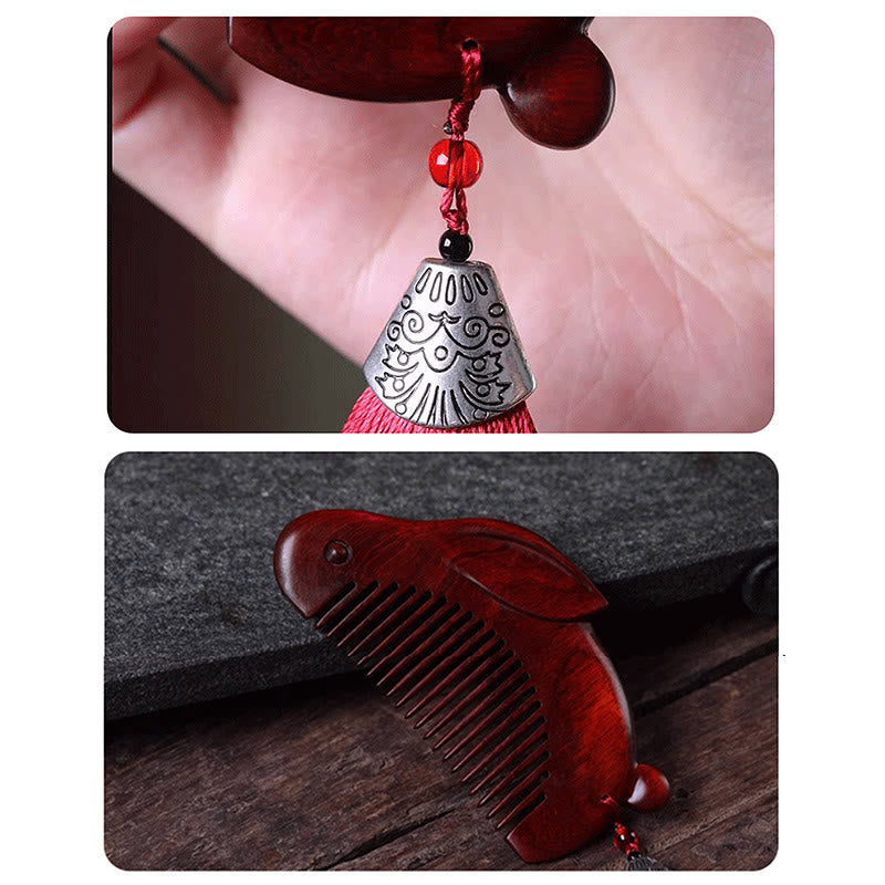 Small Leaf Red Sandalwood Cute Bunny Rabbit Sooth Comb With Gift Box - image 9