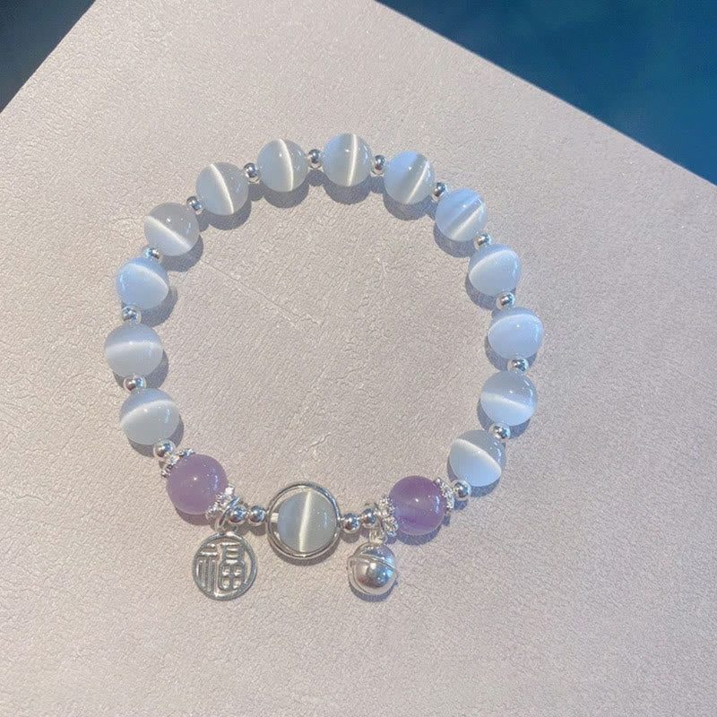 Buddha Stones Cat's Eye Amethyst Fu Character Bell Charm Support Bracelet - Cat's Eye&Amethyst - image 0