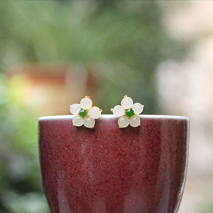 Buddha Stones White Jade Flower Luck Blessing Stud Earrings - image 2
