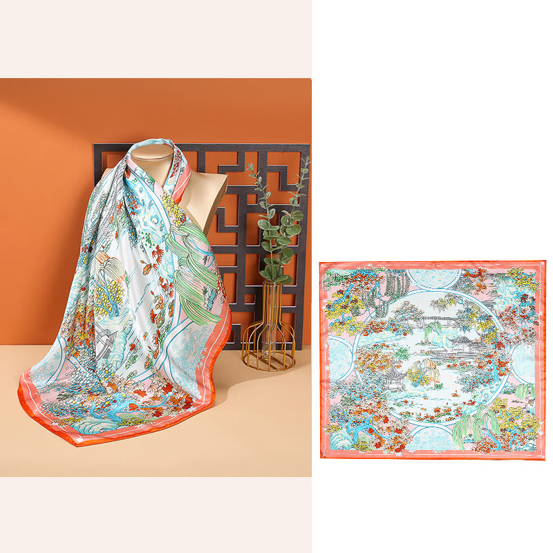 Buddha Stones Pastoral Scene Hot Air Balloon Spring Blossom 100% Mulberry Silk Neck Hair Scarf - Garden Spring-Orange Pink - image 24